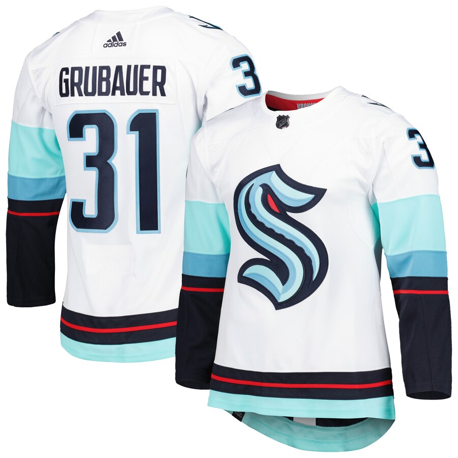 Men's Seattle Kraken Philipp Grubauer adidas White Away Primegreen Authentic Pro Player Jersey