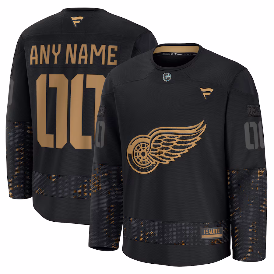 Men's Detroit Red Wings Fanatics Black 2024 Military Appreciation Custom Practice Jersey