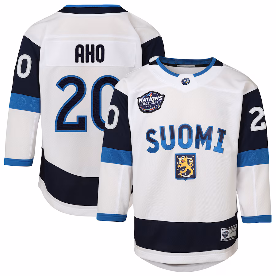 Youth Finland Sebastian Aho White 2025 4 Nations Face-Off Premier Player Jersey