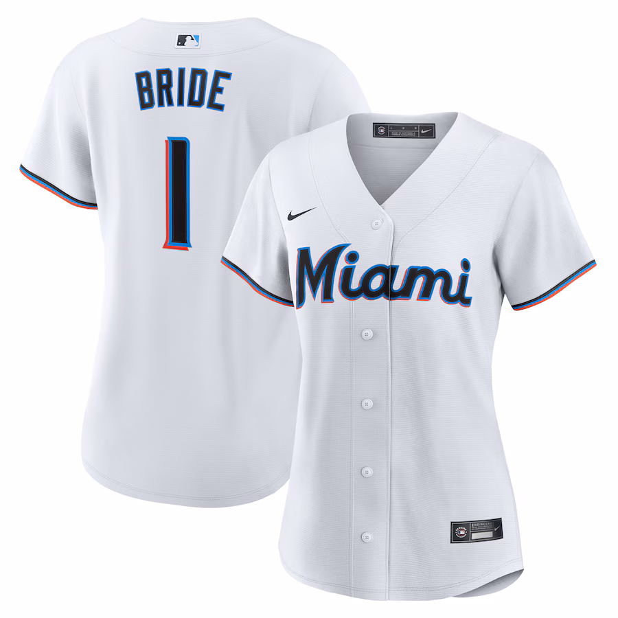 Women's Miami Marlins Nike White #1 Bride Home Replica Jersey