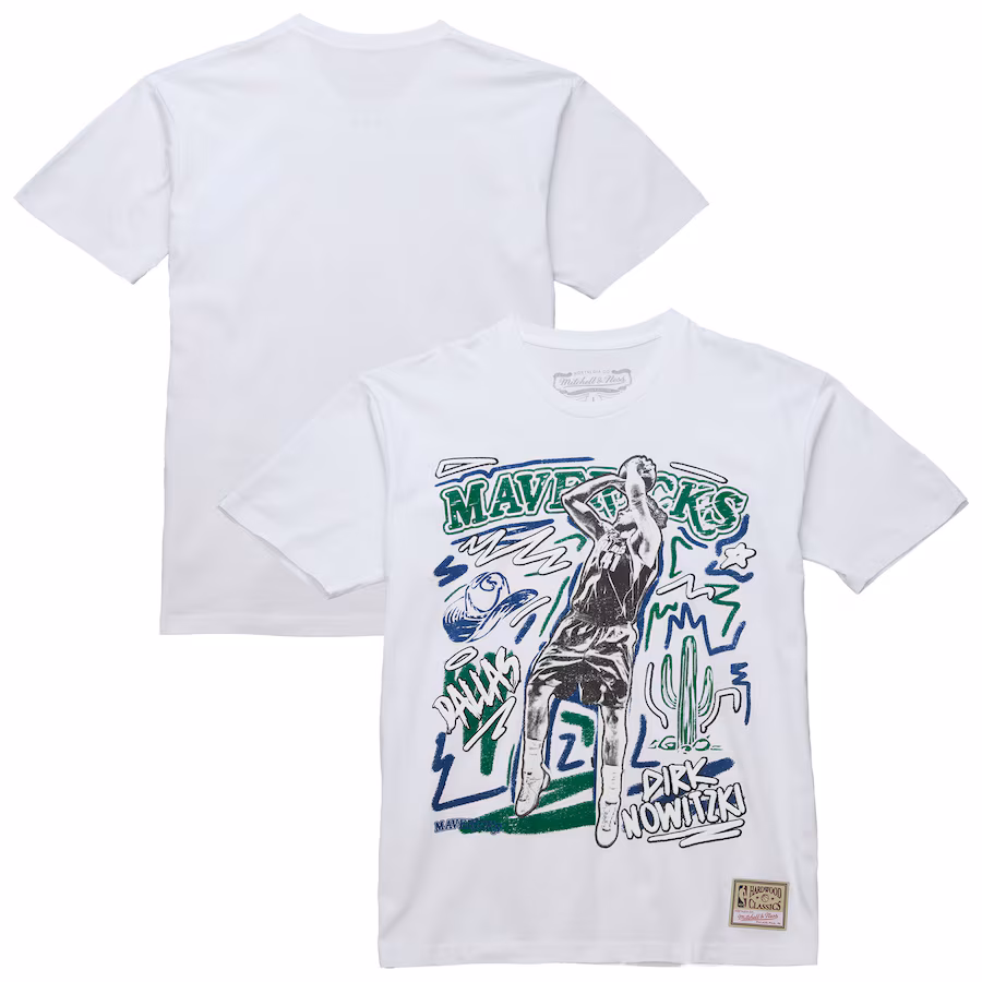 Men's Dallas Mavericks Dirk Nowitzki Mitchell & Ness White Hardwood Classics Chalked Up T-Shirt