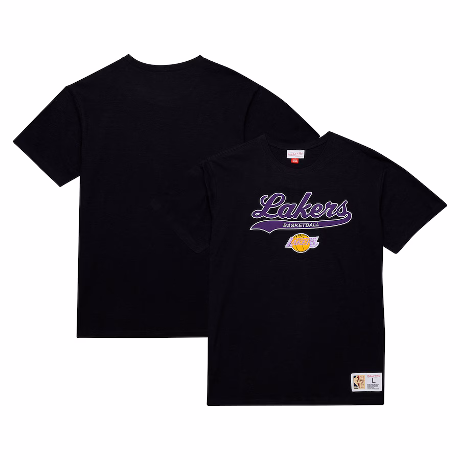 Men's Los Angeles Lakers Mitchell & Ness Black Hardwood Classics Felt Applique Slub T-Shirt