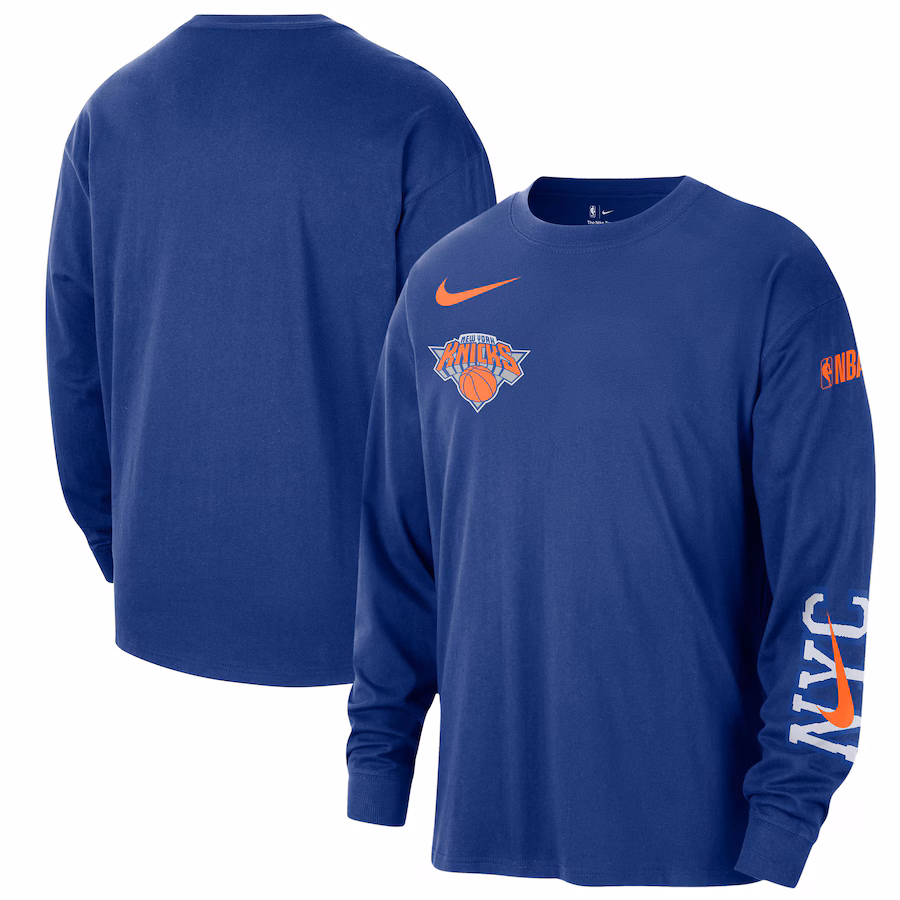 Men's New York Knicks Nike Blue 2024/25 City Edition Courtside Max90 Heavyweight Long Sleeve T-Shirt