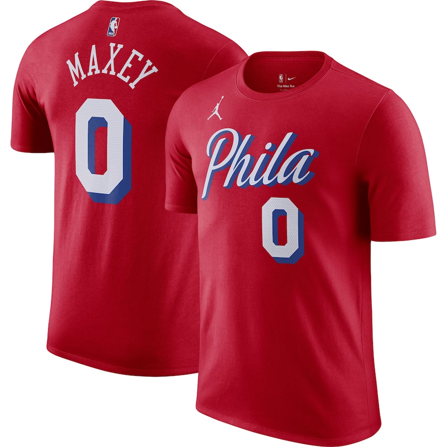 Men's Philadelphia 76ers Tyrese Maxey Jordan Brand Red 2022/23 Statement Edition Name & Number T-Shirt