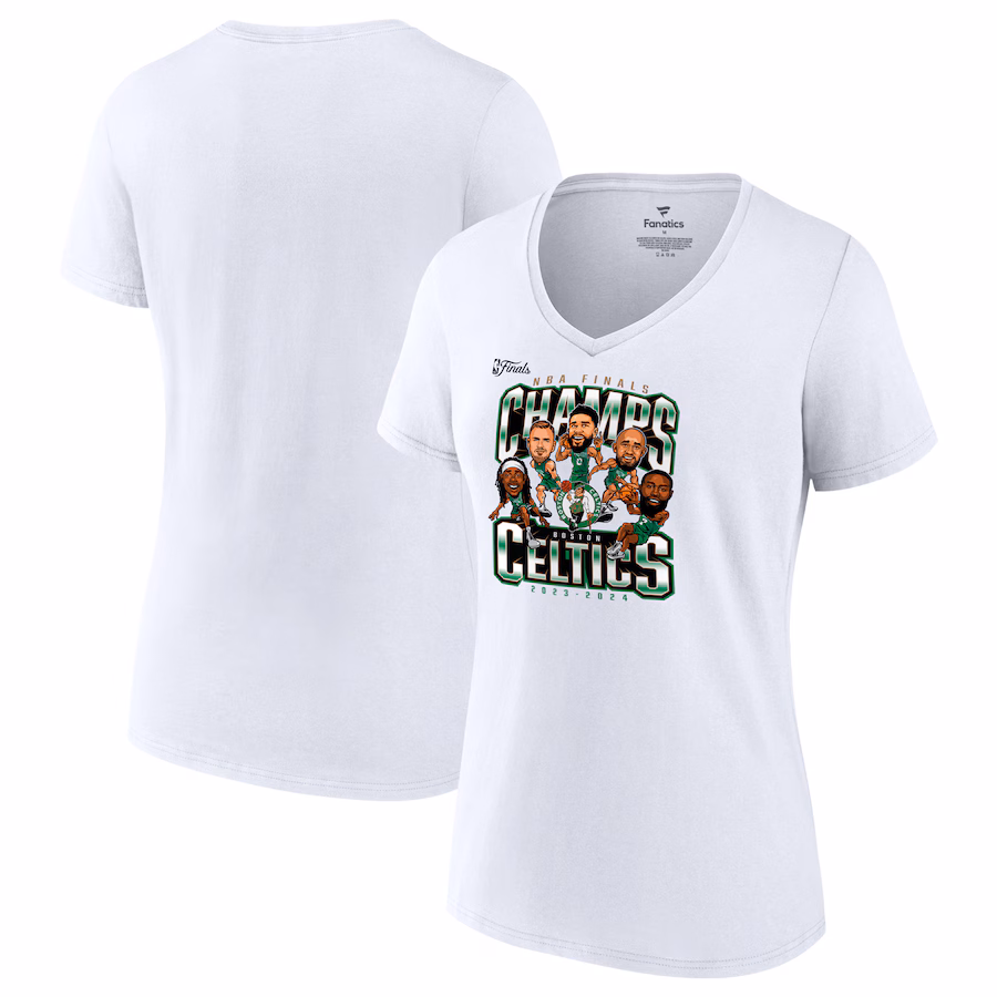 Women's Boston Celtics Fanatics White 2024 NBA Finals Champions Pull Up Jumper Caricature V-Neck T-Shirt