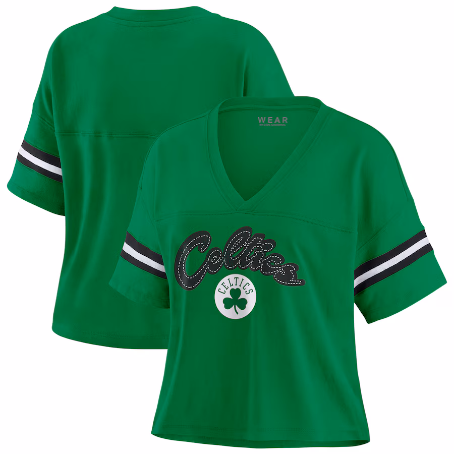 Women's Boston Celtics WEAR by Erin Andrews Kelly Green Plus Size Color Block Boxy V-Neck T-Shirt