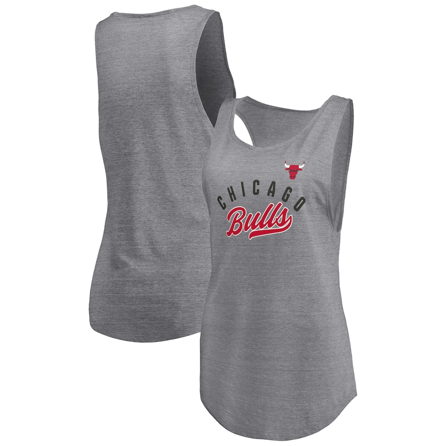 Women's Chicago Bulls Fanatics Heathered Gray Quality Time Open Scoop Neck Tri-Blend Tank Top