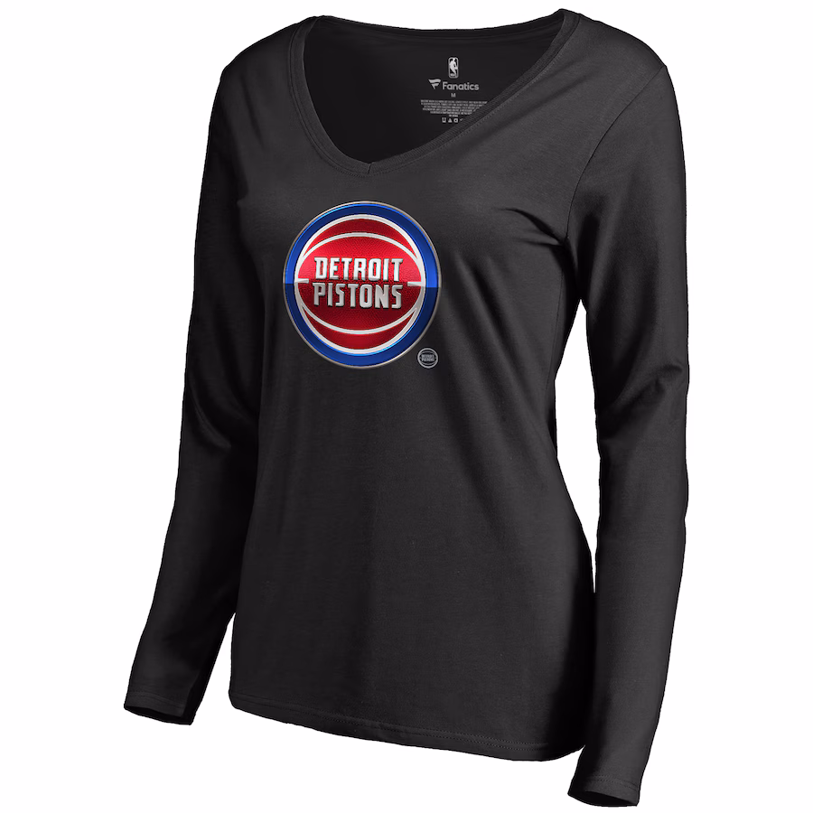 Women's Detroit Pistons Black Midnight Mascot Long Sleeve V-Neck T-Shirt