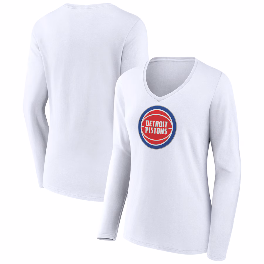 Women's Detroit Pistons White Logo Long Sleeve V-Neck T-Shirt