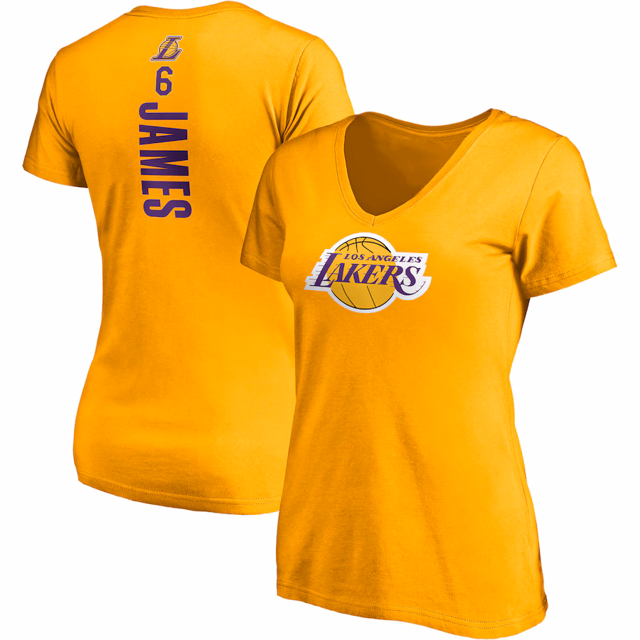 Women's Los Angeles Lakers LeBron James Fanatics Gold Logo Playmaker Name & Number V-Neck T-Shirt