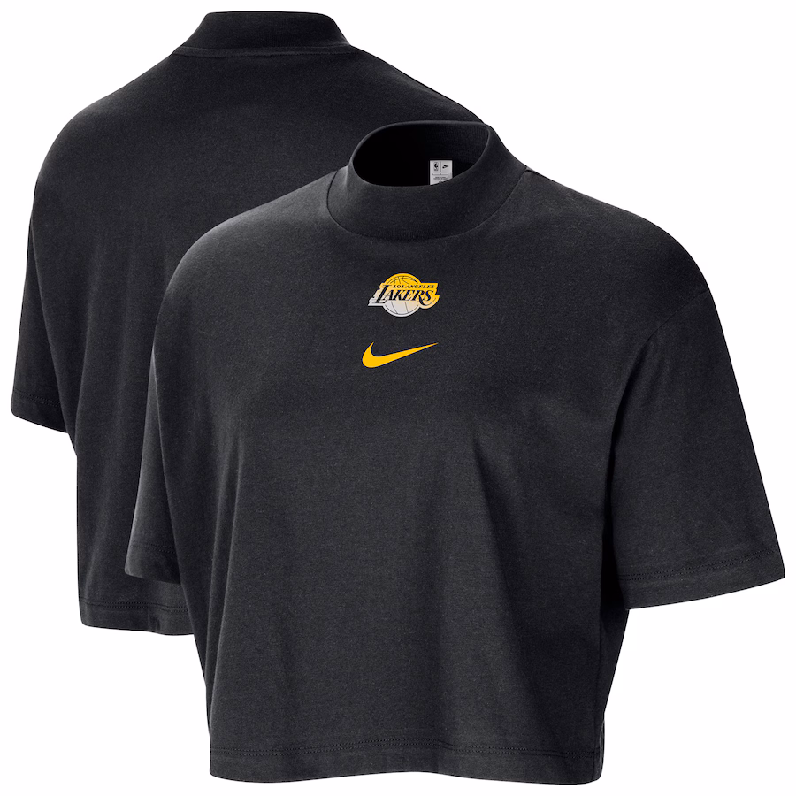 Women's Los Angeles Lakers Nike Black Courtside Mock Neck Loose Fit Cropped T-Shirt