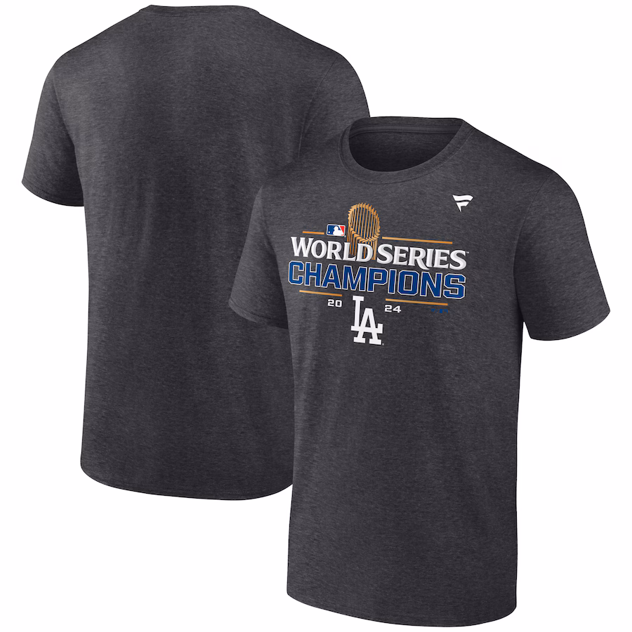 Men's Los Angeles Dodgers Fanatics Heather Charcoal 2024 World Series Champions Extended Sizes Locker Room T-Shirt