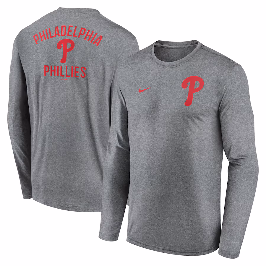 Men's Philadelphia Phillies Nike Heather Charcoal 2-Hit Legend Performance Long Sleeve T-Shirt