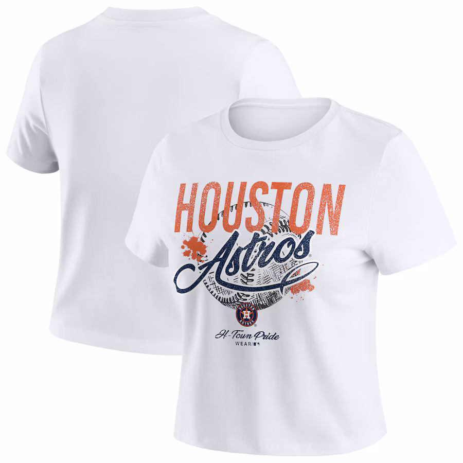 Women's Houston Astros WEAR by Erin Andrews White Distressed Cropped Baby T-Shirt