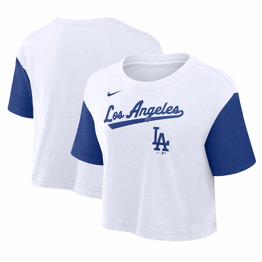 Women's Los Angeles Dodgers Nike White/Royal Script Cropped Performance T-Shirt