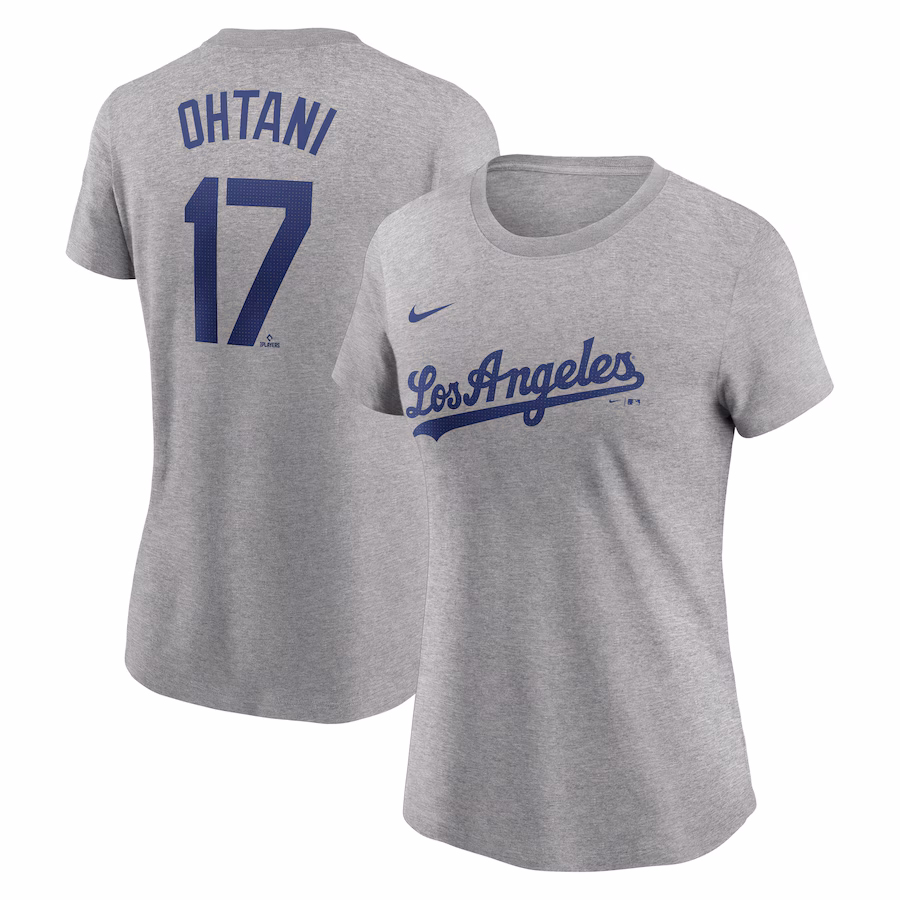 Women's Los Angeles Dodgers Shohei Ohtani Nike Heather Gray Fuse Name & Number T-Shirt