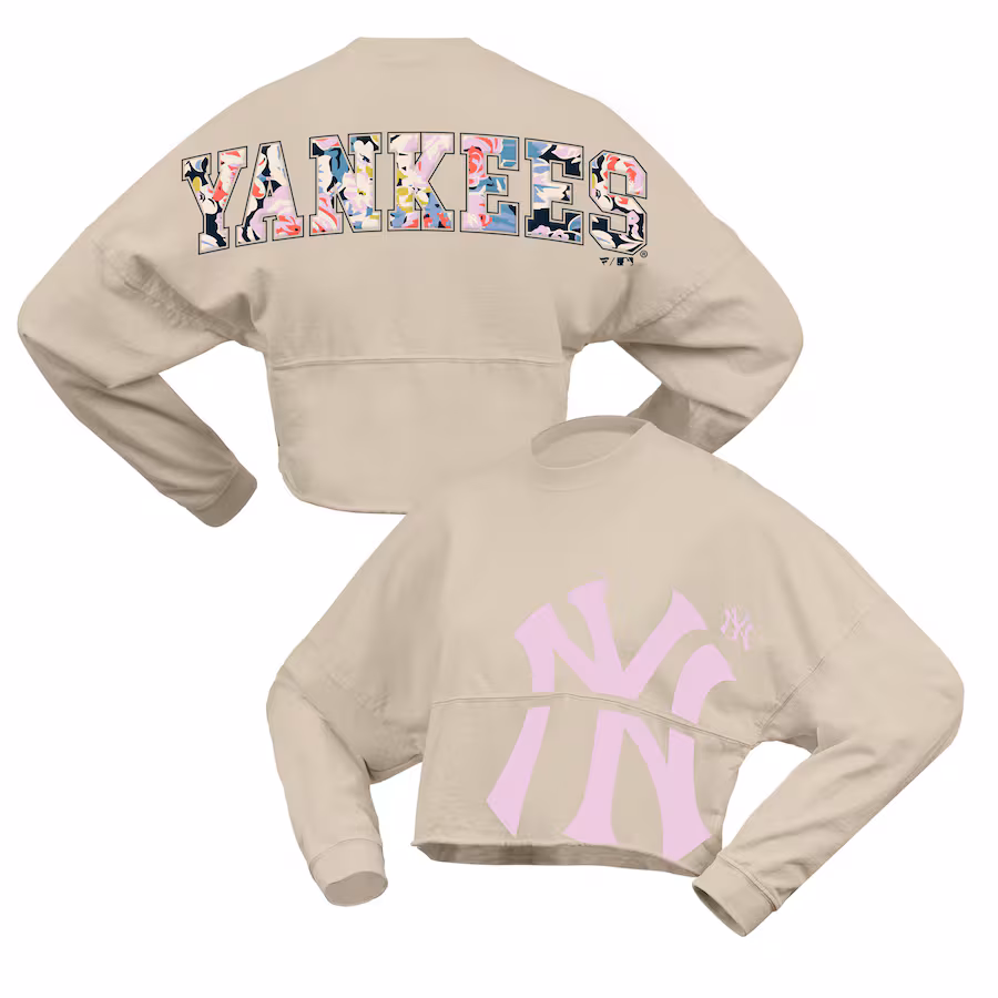 Women's New York Yankees Fanatics Cream Floral Preppy Cropped Long Sleeve T-Shirt