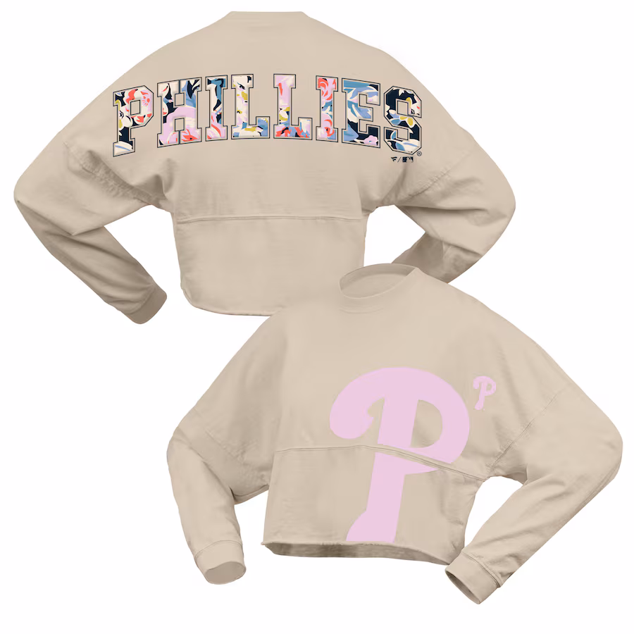 Women's Philadelphia Phillies Fanatics Cream Floral Preppy Cropped Long Sleeve T-Shirt