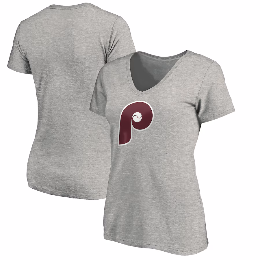 Women's Philadelphia Phillies Heathered Gray Cooperstown Collection Huntington Logo V-Neck T-Shirt