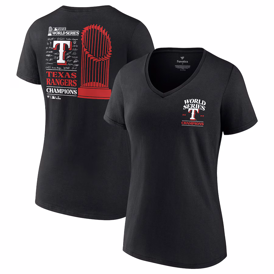 Women's Texas Rangers Fanatics Black 2023 World Series Champions Signature Roster V-Neck T-Shirt