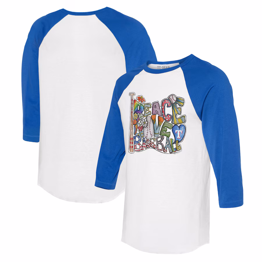 Women's Texas Rangers Tiny Turnip White/Royal Peace Love Baseball 3/4-Sleeve Raglan T-Shirt