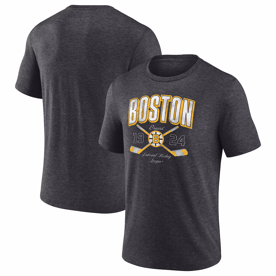 Men's Boston Bruins Fanatics Heather Charcoal Vintage Cross Sticks Distressed Tri-Blend T-Shirt