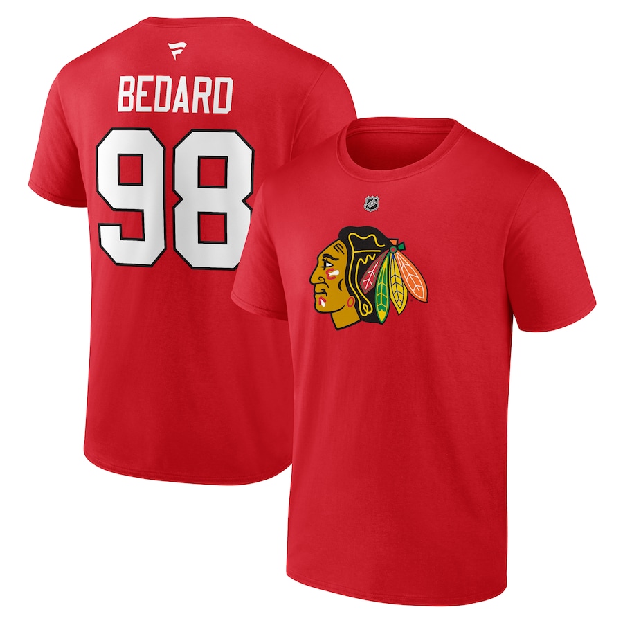 Men's Chicago Blackhawks Connor Bedard Fanatics Red 2023 NHL Draft Authentic Stack Player Name & Number T-Shirt