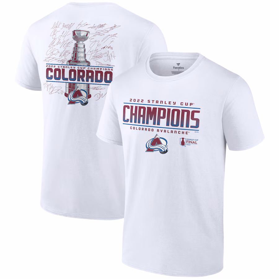 Men's Colorado Avalanche Fanatics White 2022 Stanley Cup Champions Signature Roster T-Shirt