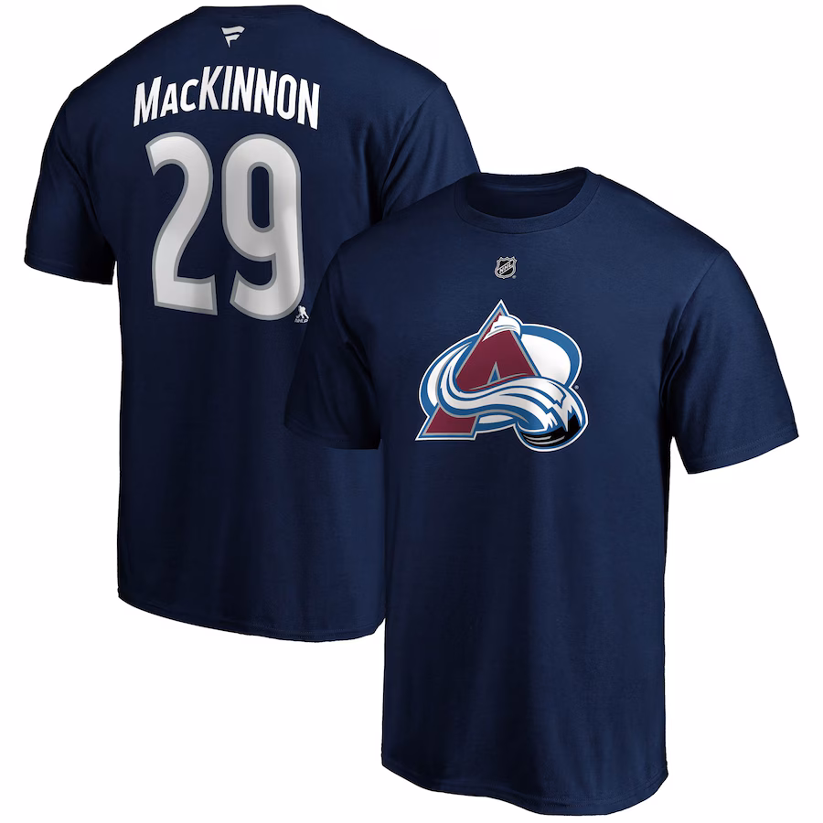 Men's Colorado Avalanche Nathan MacKinnon Fanatics Navy Authentic Stack Name & Number T-Shirt