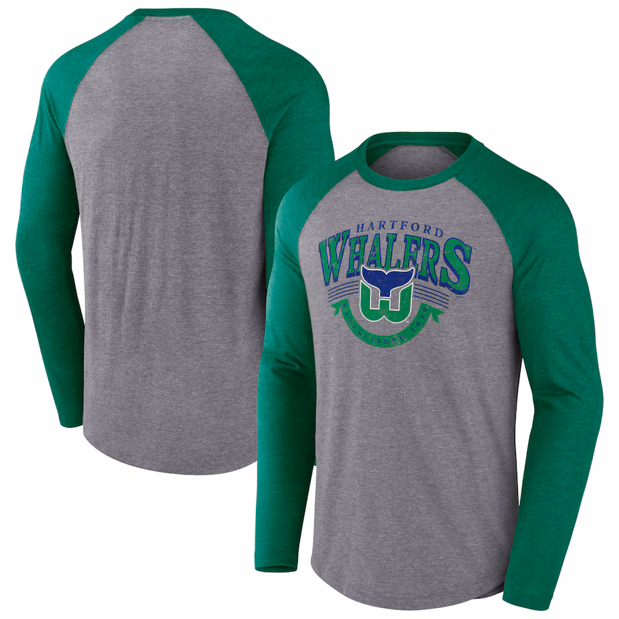 Men's Hartford Whalers Fanatics Heather Gray/Heather Green Vintage Hockey Goal Crease Raglan Tri-Blend Long Sleeve T-Shirt