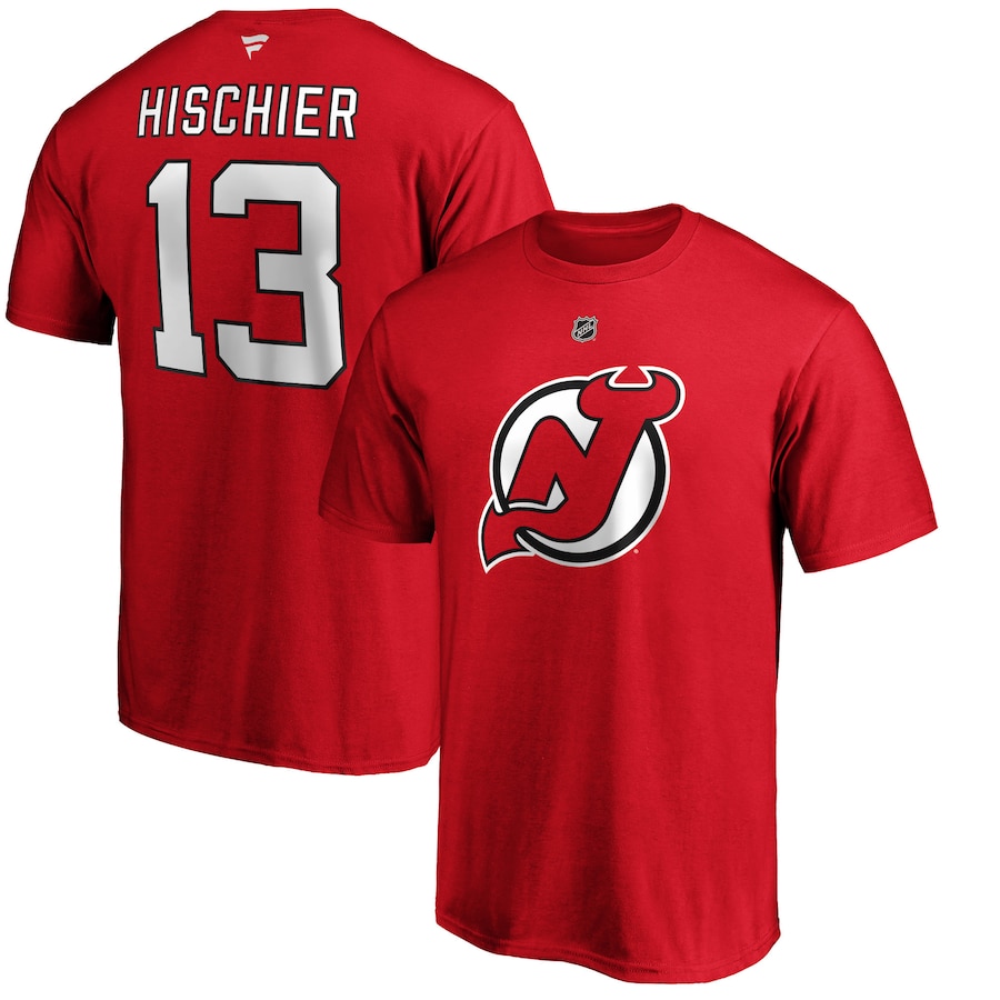 Men's New Jersey Devils Nico Hischier Fanatics Red Team Authentic Stack Name & Number T-Shirt