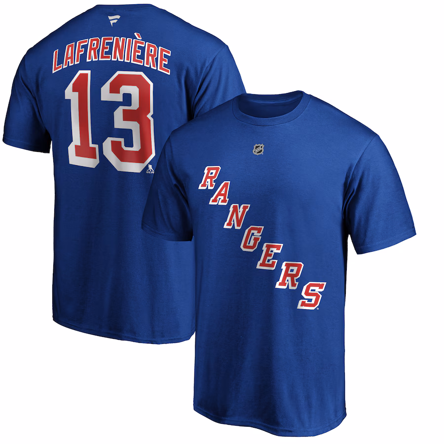 Men's New York Rangers Alexis Lafrenière Fanatics Blue Authentic Stack Name & Number T-Shirt