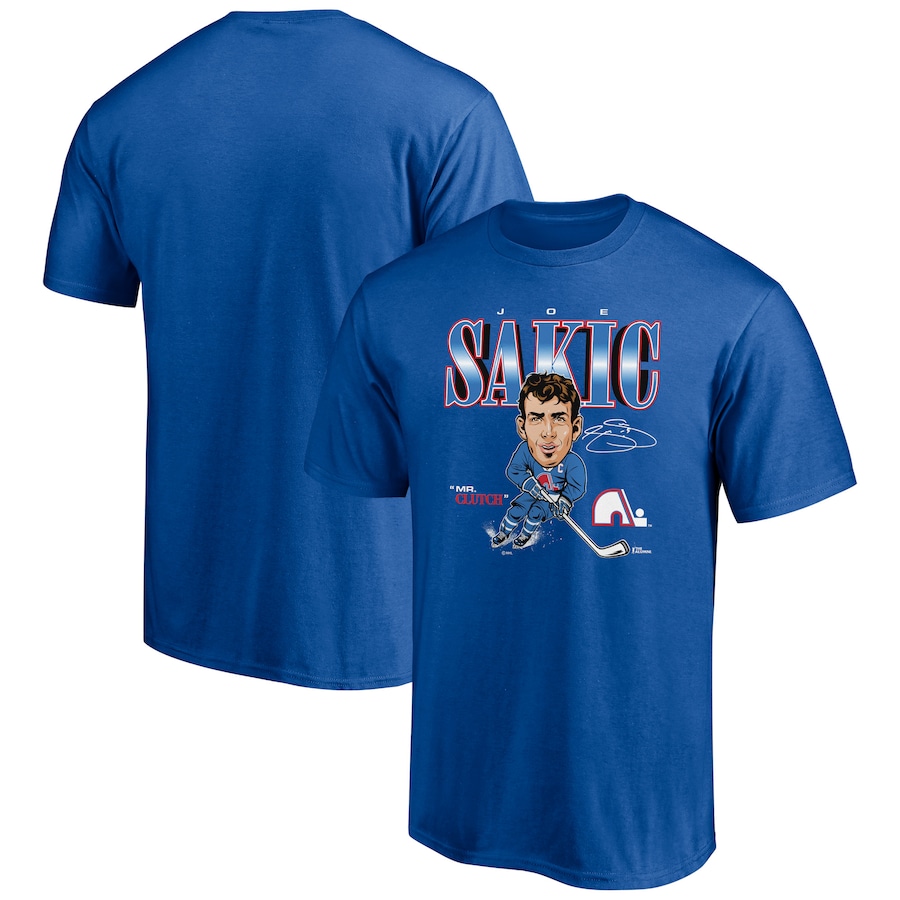 Men's Quebec Nordiques Joe Sakic Blue Player Caricature T-Shirt