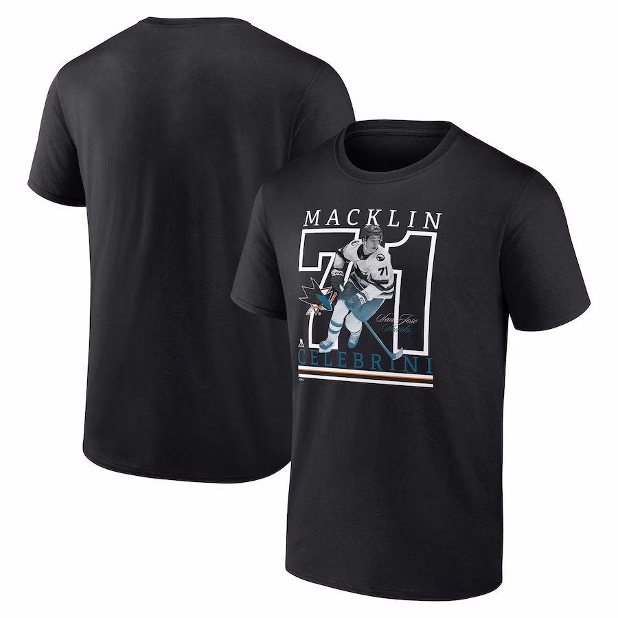 Men's San Jose Sharks Macklin Celebrini Fanatics Black Authentic Stack Name & Number T-Shirt