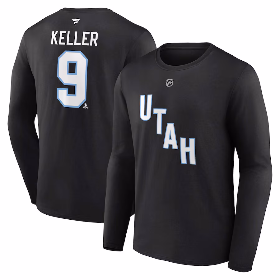 Men's Utah Hockey Club Clayton Keller Fanatics Black Authentic Stack Name & Number Long Sleeve T-Shirt