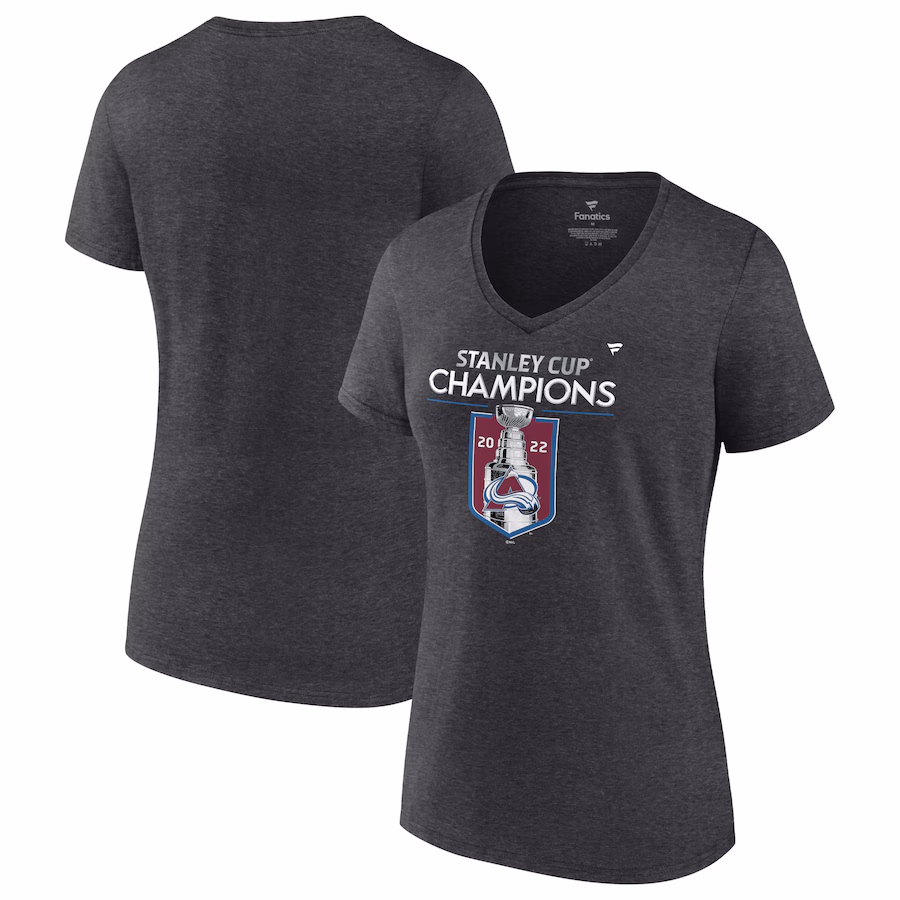 Women's Colorado Avalanche Fanatics Heathered Charcoal 2022 Stanley Cup Champions Locker Room V-Neck T-Shirt