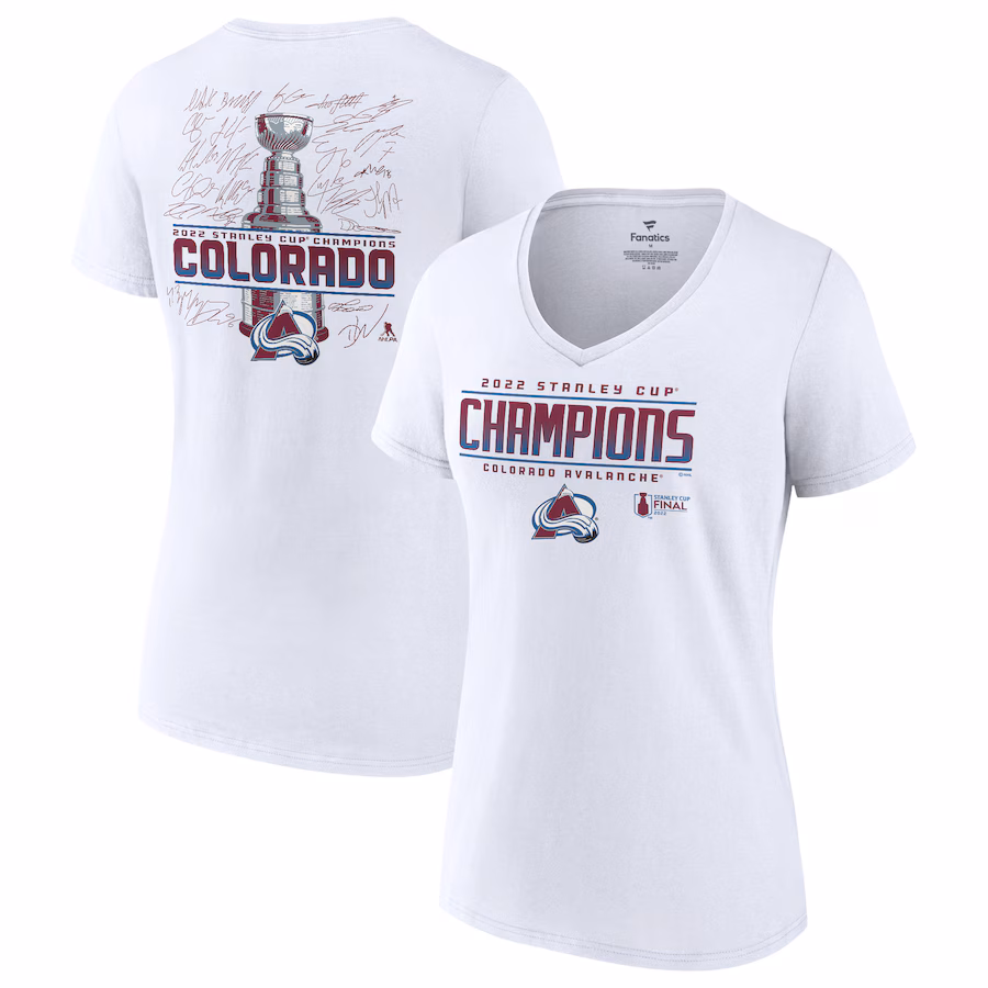 Women's Colorado Avalanche Fanatics White 2022 Stanley Cup Champions Signature Roster V-Neck T-Shirt