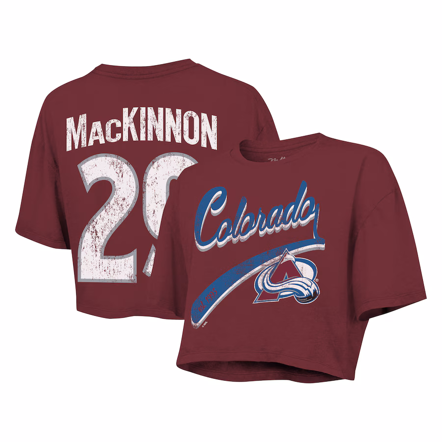 Women's Colorado Avalanche Nathan MacKinnon Majestic Threads Maroon Behind The Net Boxy Name & Number Cropped T-Shirt