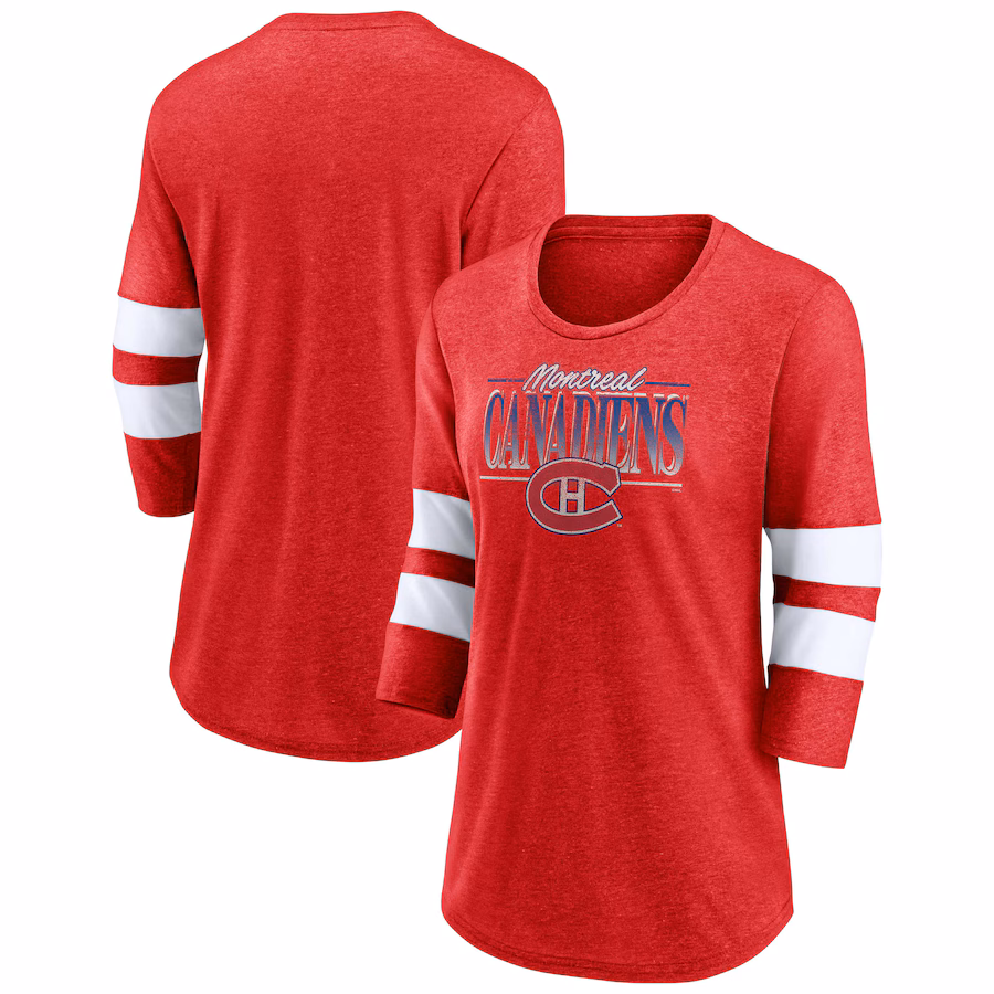 Women's Montreal Canadiens Fanatics Heathered Red/White Full Shield 3/4-Sleeve Tri-Blend Raglan Scoop Neck T-Shirt