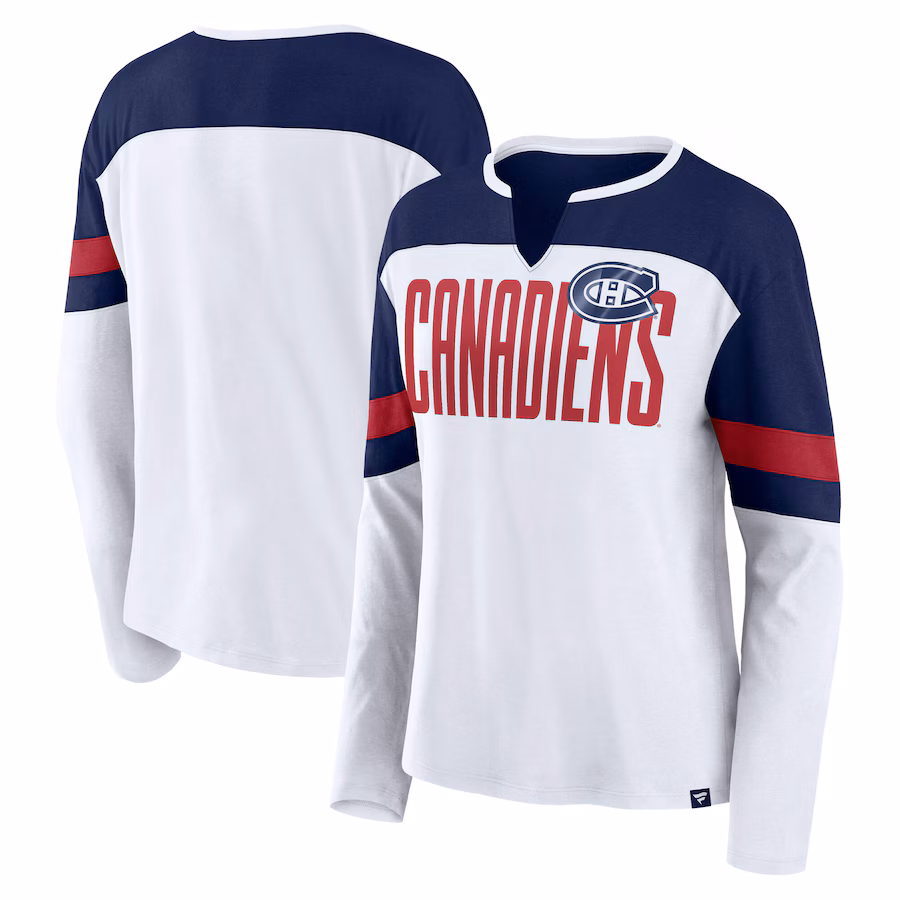 Women's Montreal Canadiens Fanatics White/Navy Frozen Long Sleeve Notch Neck T-Shirt