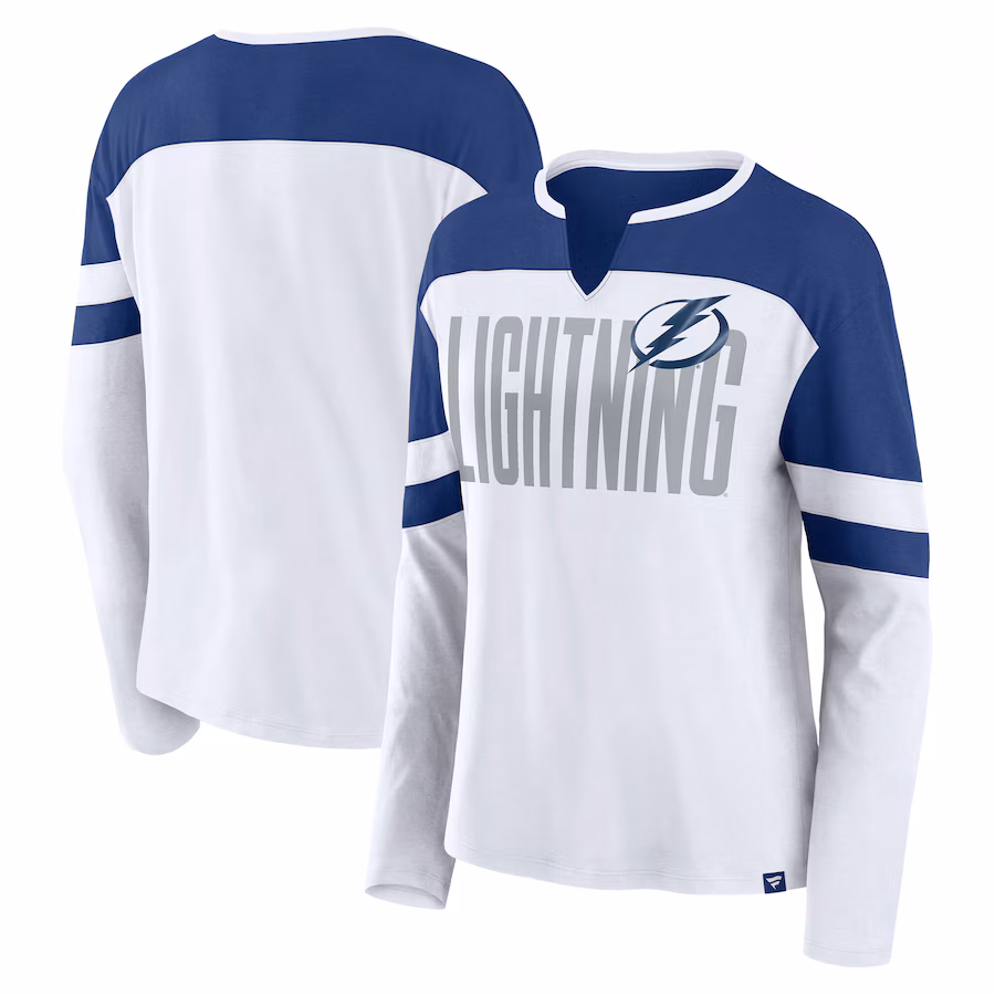 Women's Tampa Bay Lightning Fanatics White/Blue Frozen Long Sleeve Notch Neck T-Shirt