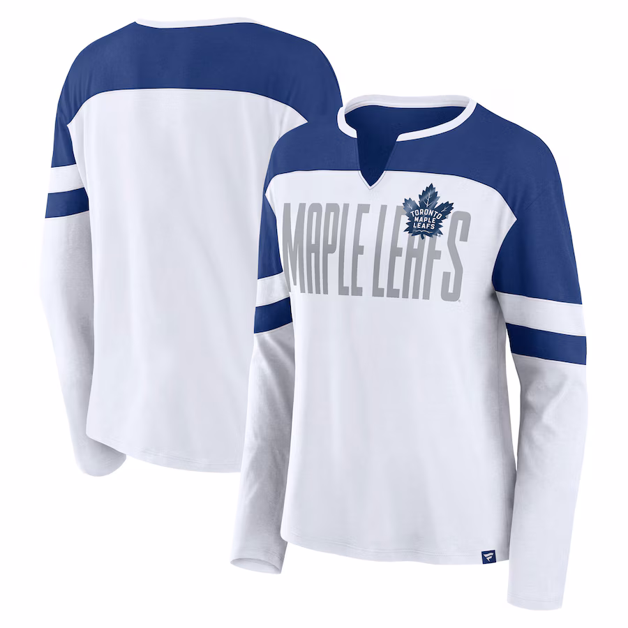 Women's Toronto Maple Leafs Fanatics White/Blue Frozen Long Sleeve Notch Neck T-Shirt