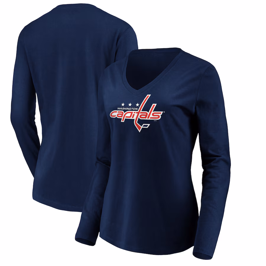 Women's Washington Capitals Navy Primary Logo V-Neck Long Sleeve T-Shirt
