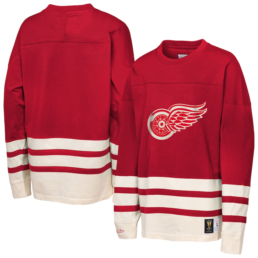 Youth Detroit Red Wings Mitchell & Ness Red Chainstitch Heavyweight Long Sleeve Top