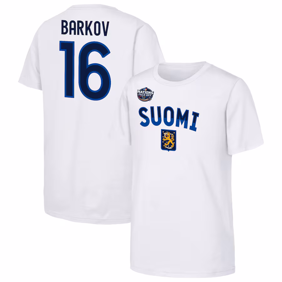 Youth Finland Aleksander Barkov White 2025 4 Nations Face-Off Player Name & Number T-Shirt