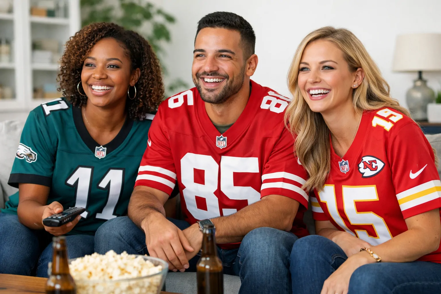 Group of happy fans wearing different official-style NFL jerseys from Ujersey.