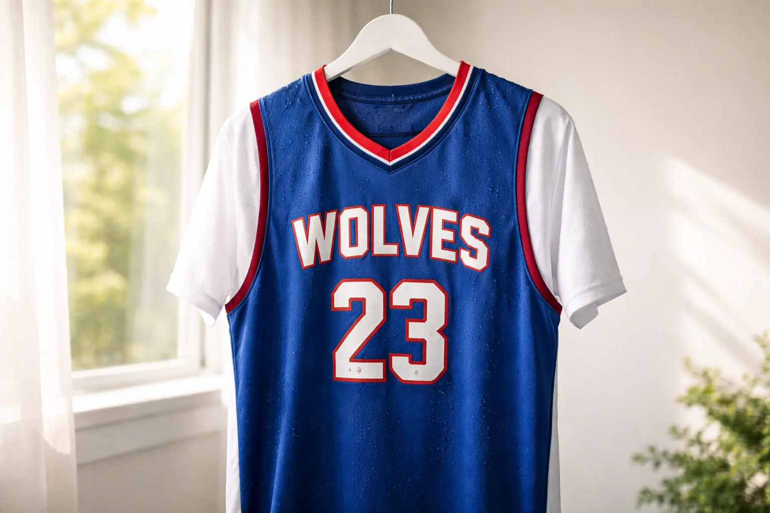 An NFL jersey air drying on a hanger to prevent heat damage