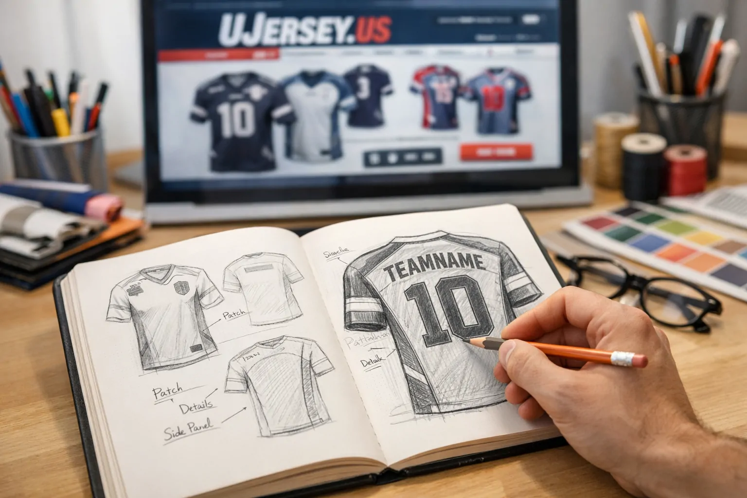 A designer sketching a football jersey design for the Ujersey brand, showing the passion behind the store.