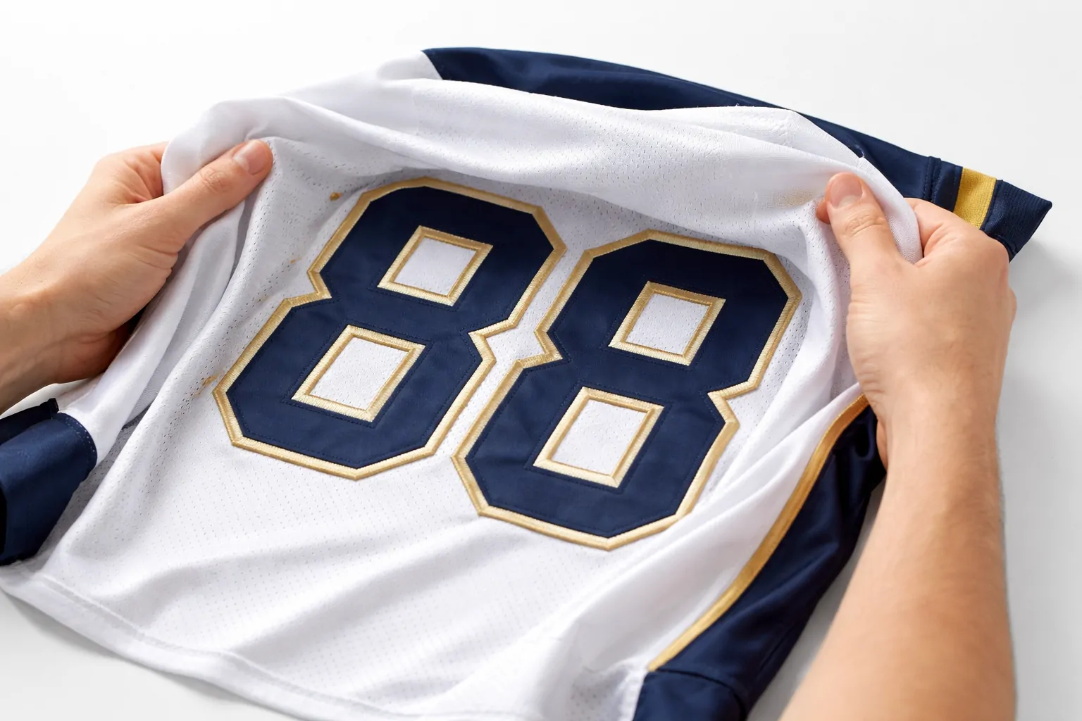 Person turning an NFL jersey inside out before washing to protect stitching
