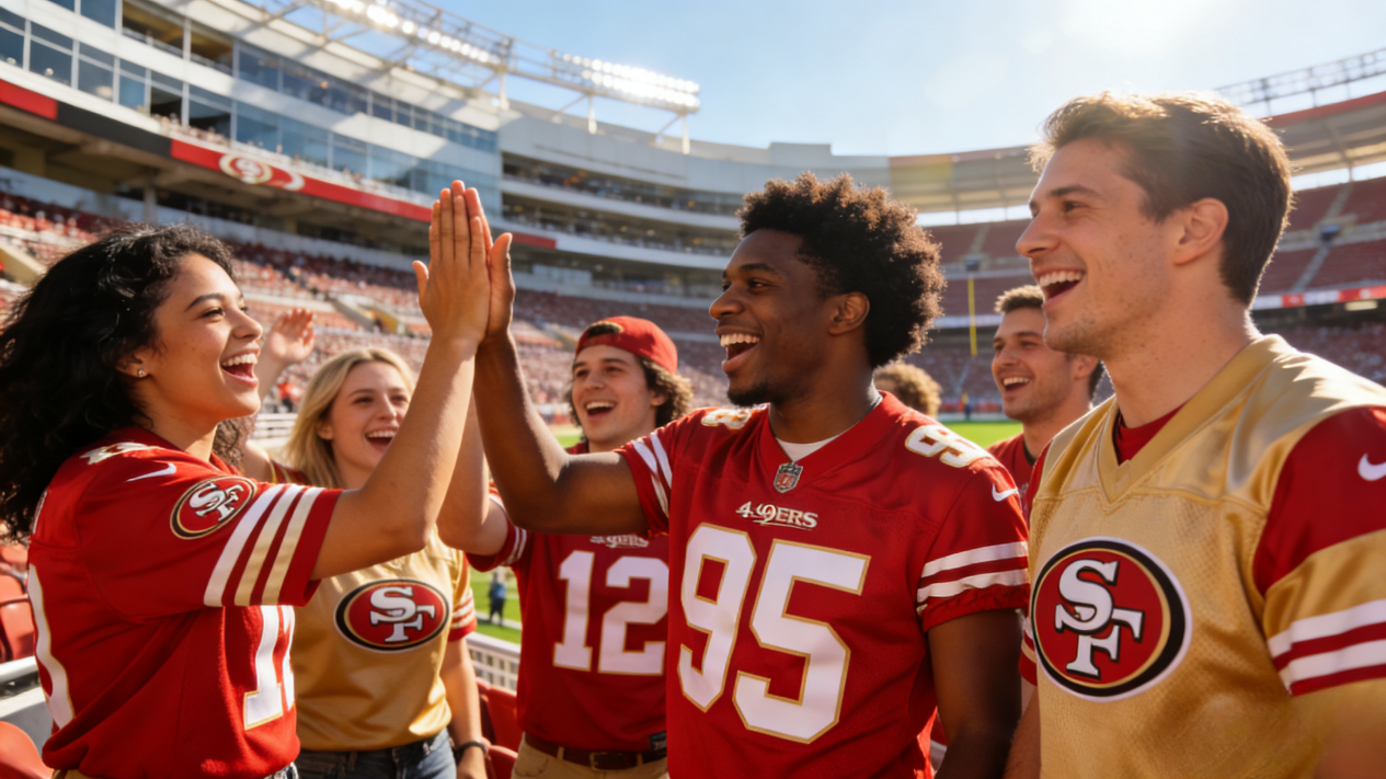 Fans wearing San Francisco 49ers jerseys cheering at Levi's Stadium
